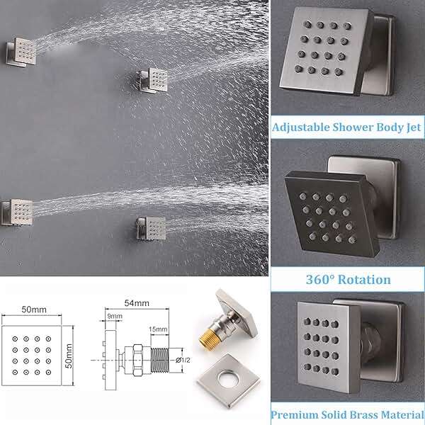 WHSHOWER Temperature Display Rain Mixer Shower Faucet Set with 6 Body Jets 12 inch Square Rainfall Shower Head with Handheld Spray Wall Mounted Rough-in Valve and Trim Included,Brushed Nickel - Image 7