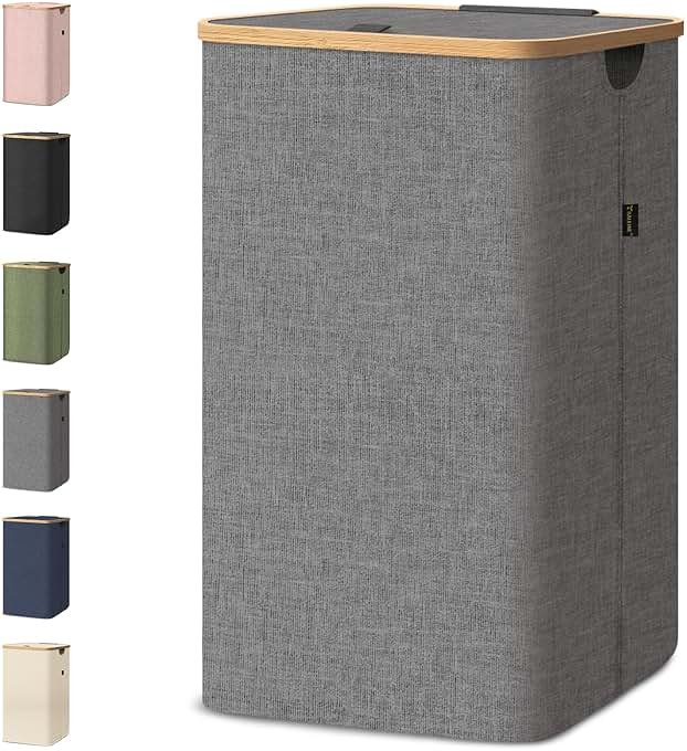 BALEINE Laundry Hamper with Lid, Tall Laundry Baskets with Bamboo Pull Handles, Large Laundry Bin with Internal Support (26 Gal/100L, Grey) - Product Image