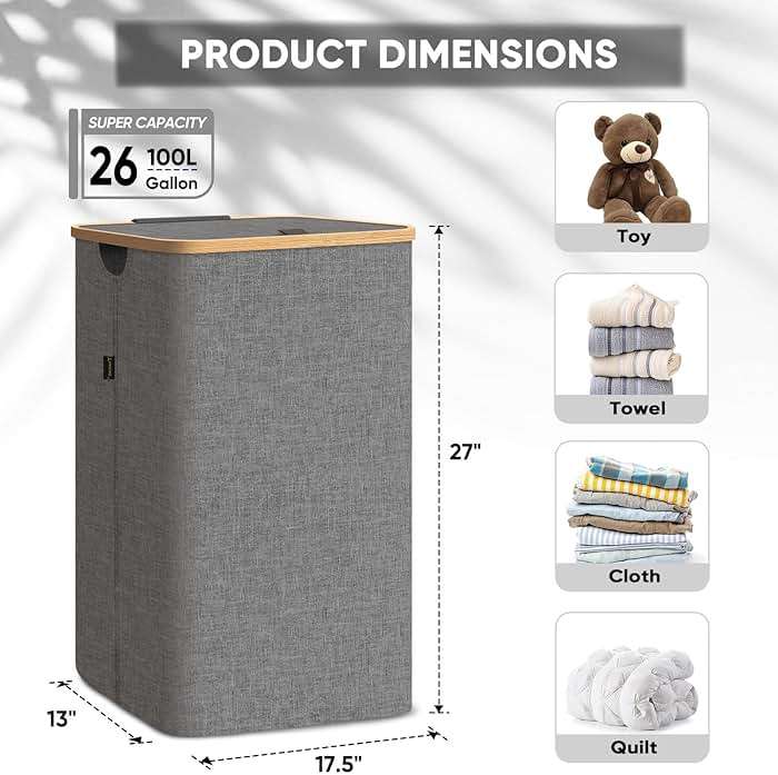 BALEINE Laundry Hamper with Lid, Tall Laundry Baskets with Bamboo Pull Handles, Large Laundry Bin with Internal Support (26 Gal/100L, Grey) - Image 2