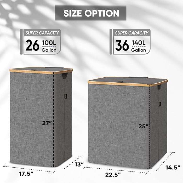 BALEINE Laundry Hamper with Lid, Tall Laundry Baskets with Bamboo Pull Handles, Large Laundry Bin with Internal Support (26 Gal/100L, Grey) - Image 4