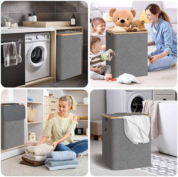 BALEINE Laundry Hamper with Lid, Tall Laundry Baskets with Bamboo Pull Handles, Large Laundry Bin with Internal Support (26 Gal/100L, Grey) - Image 8