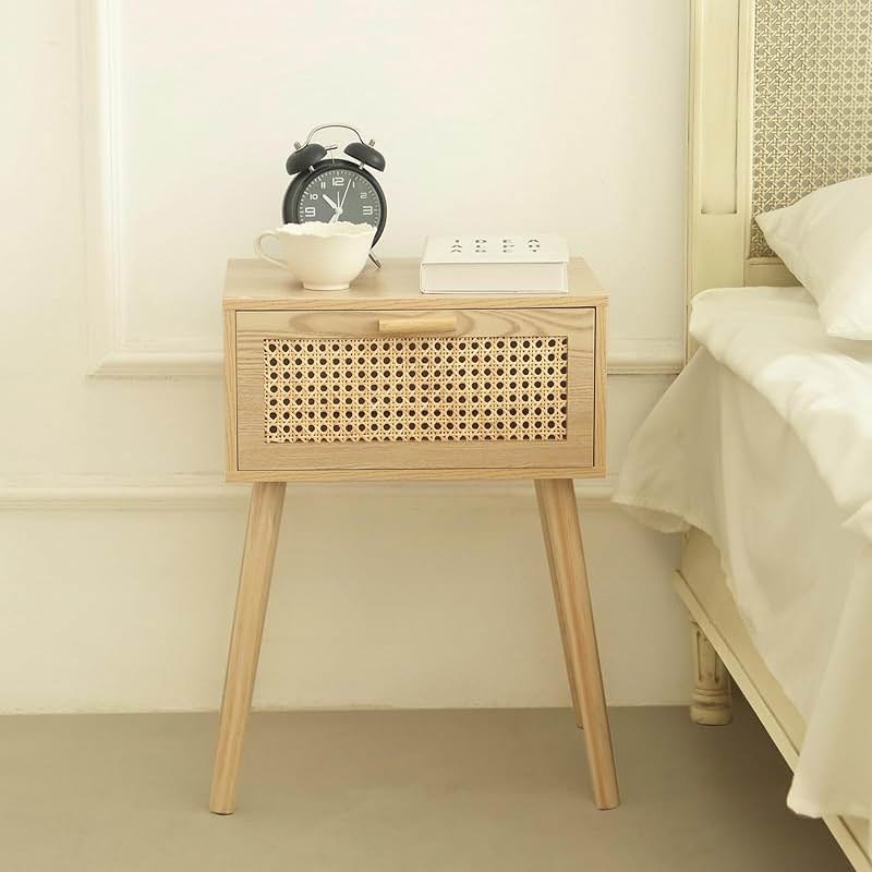 AWASEN Rattan Nightstand, Bedside Table with Rattan Drawer, Wood End Table with Storage and Solid Wood Legs for Bedroom Living Room Small Space (Walnut) - Product Image