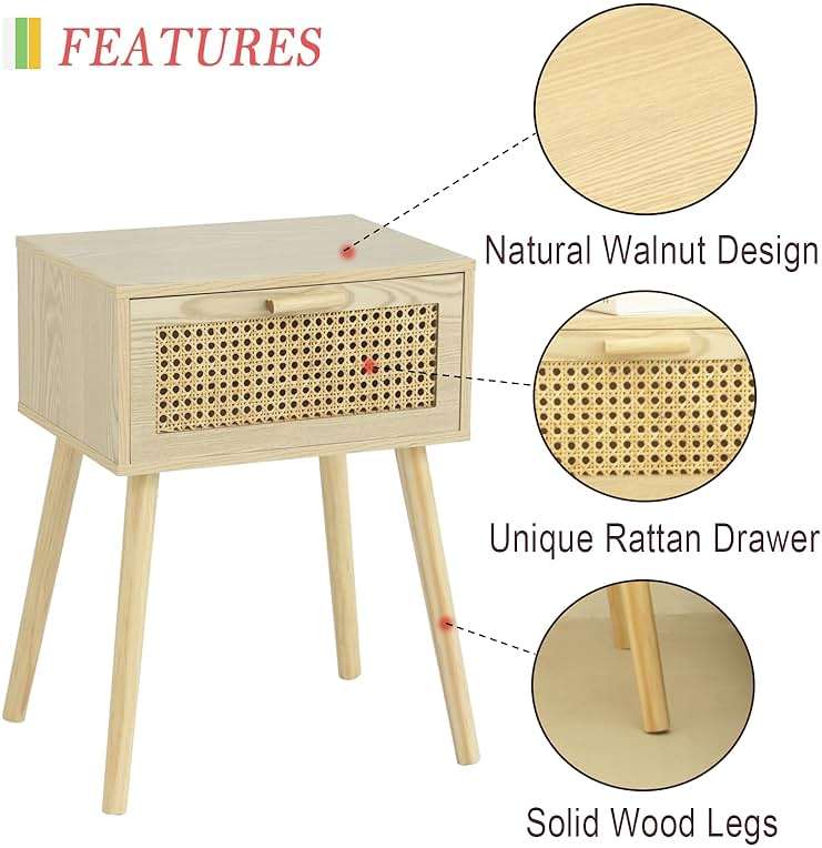 AWASEN Rattan Nightstand, Bedside Table with Rattan Drawer, Wood End Table with Storage and Solid Wood Legs for Bedroom Living Room Small Space (Walnut) - Image 3