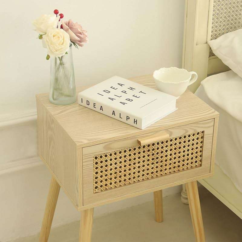 AWASEN Rattan Nightstand, Bedside Table with Rattan Drawer, Wood End Table with Storage and Solid Wood Legs for Bedroom Living Room Small Space (Walnut) - Image 4