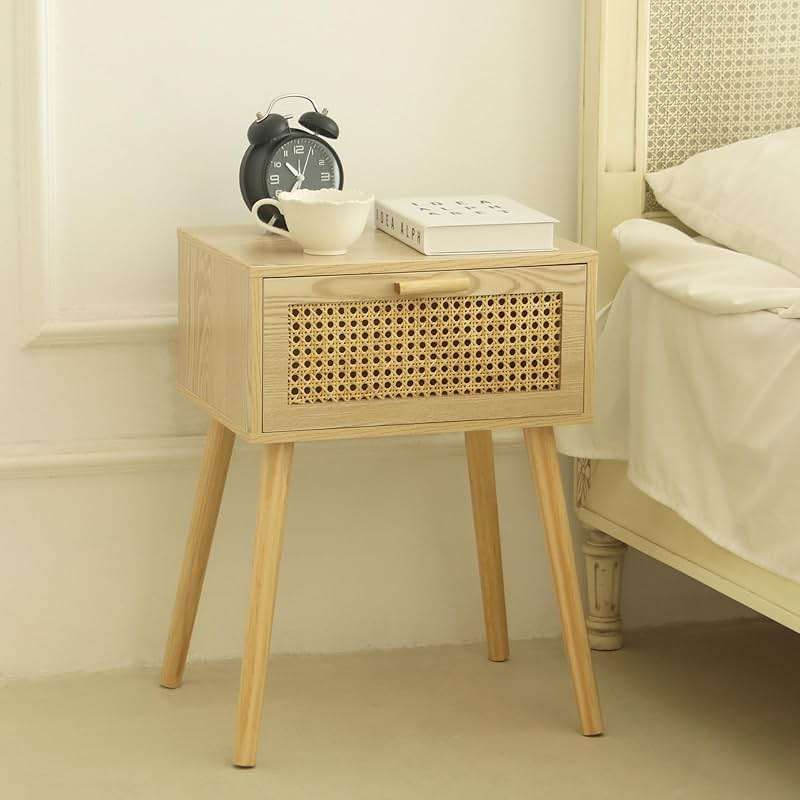 AWASEN Rattan Nightstand, Bedside Table with Rattan Drawer, Wood End Table with Storage and Solid Wood Legs for Bedroom Living Room Small Space (Walnut) - Image 5