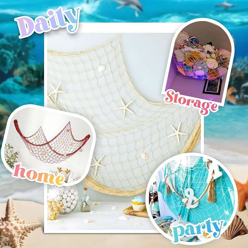 2 Pack Fish Net Decorations for Party, Natural Cotton Hawaiian Table Runner Party Fishing Net Decorative, Nautical Themed Decor Cotton Fishnet Under The Sea Pirate Ocean BeachHalloween Decor - Image 4