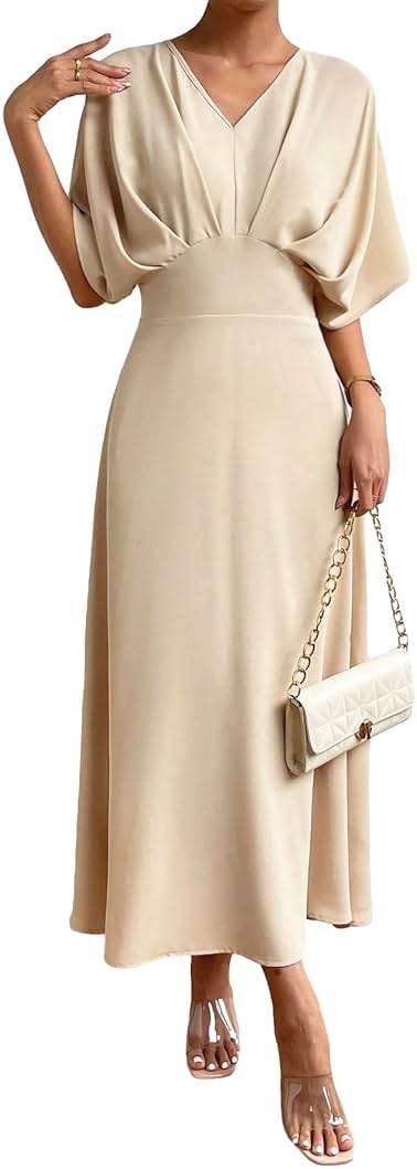 Floerns Women's V Neck Half Sleeve Ruched Cocktail Evening A Line Long Dress - Image 1