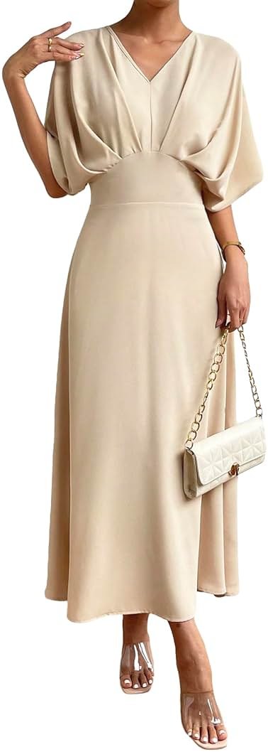 Floerns Women's V Neck Half Sleeve Ruched Cocktail Evening A Line Long Dress - Product Image