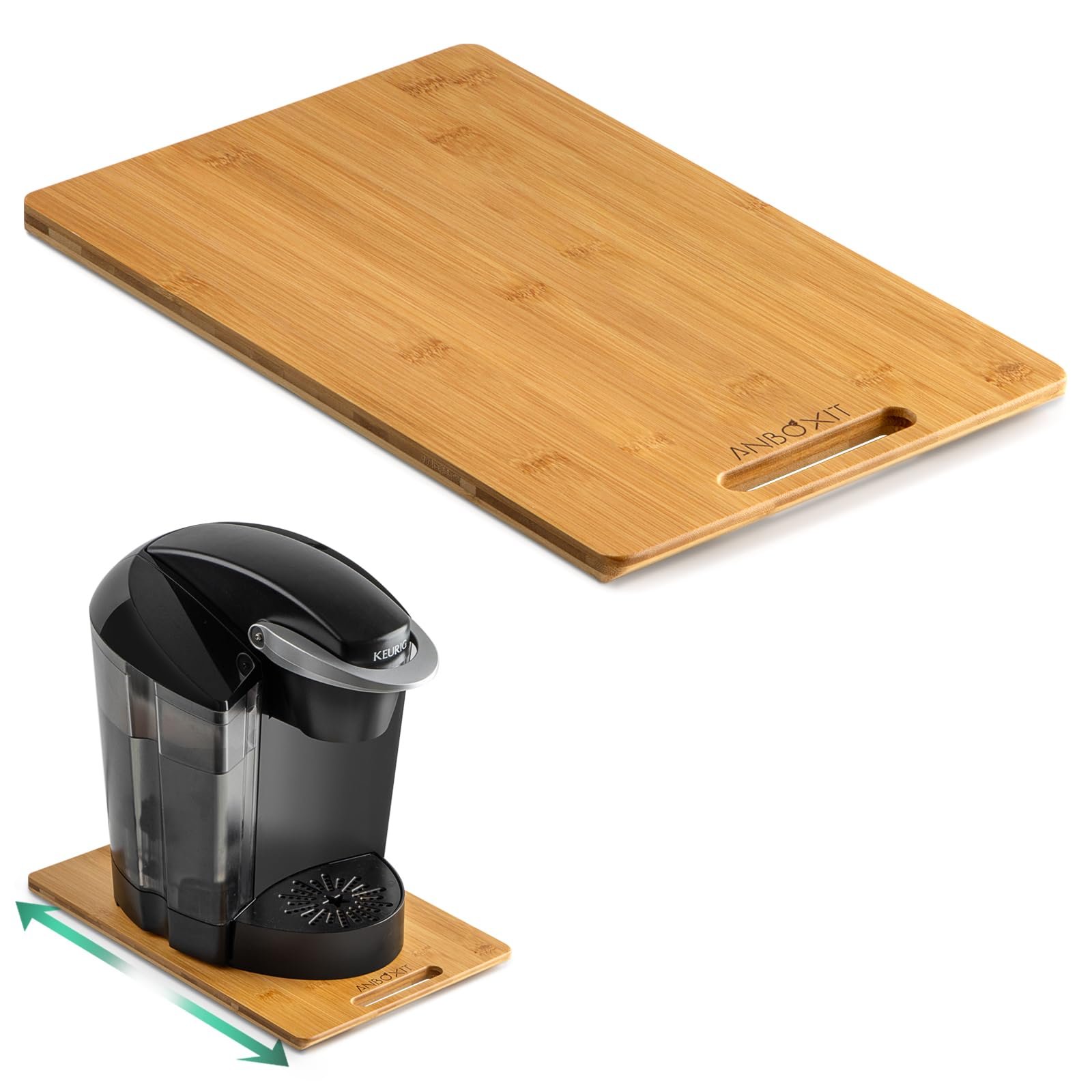 ANBOXIT Bamboo Appliance Slider, Sliding Tray for Coffee Maker, Kitchen Countertop Appliance Rolling Tray, Coffee Pot Slider Tray with Rubber Wheels, Deep - Medium (14.5"D x 9.5"W) - Product Image