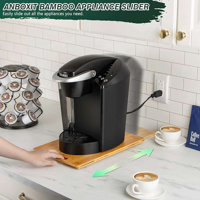 ANBOXIT Bamboo Appliance Slider, Sliding Tray for Coffee Maker, Kitchen Countertop Appliance Rolling Tray, Coffee Pot Slider Tray with Rubber Wheels, Deep - Medium (14.5"D x 9.5"W) - Image 2