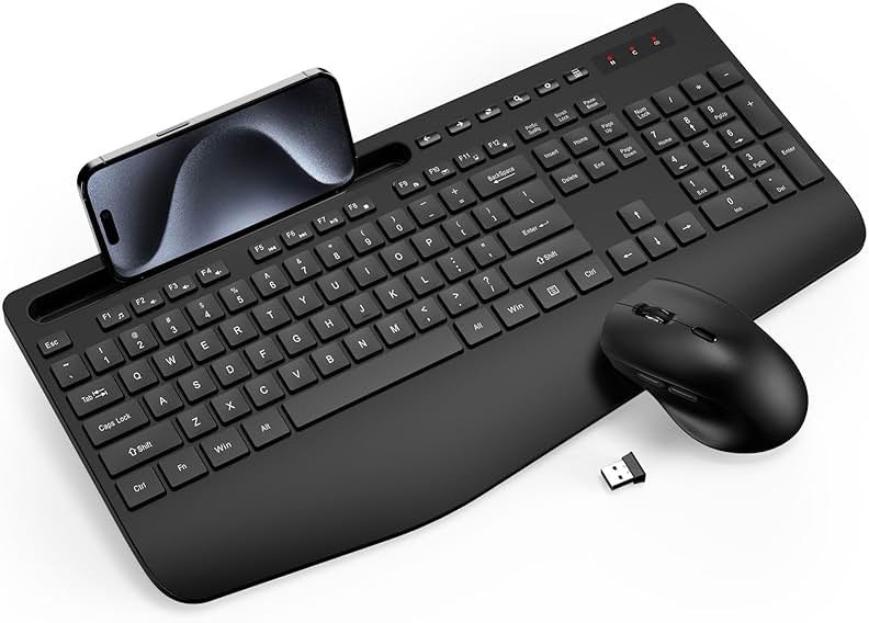 Wireless Keyboard and Mouse Combo - Full-Sized Ergonomic Keyboard with Wrist Rest, Phone Holder, Sleep Mode, 2.4G Quiet Keyboard for PC Laptop, Complete Work Setup for Office or Home -Trueque KM23 - Product Image
