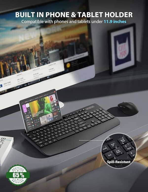 Wireless Keyboard and Mouse Combo - Full-Sized Ergonomic Keyboard with Wrist Rest, Phone Holder, Sleep Mode, 2.4G Quiet Keyboard for PC Laptop, Complete Work Setup for Office or Home -Trueque KM23 - Image 3