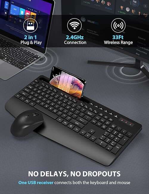 Wireless Keyboard and Mouse Combo - Full-Sized Ergonomic Keyboard with Wrist Rest, Phone Holder, Sleep Mode, 2.4G Quiet Keyboard for PC Laptop, Complete Work Setup for Office or Home -Trueque KM23 - Image 4