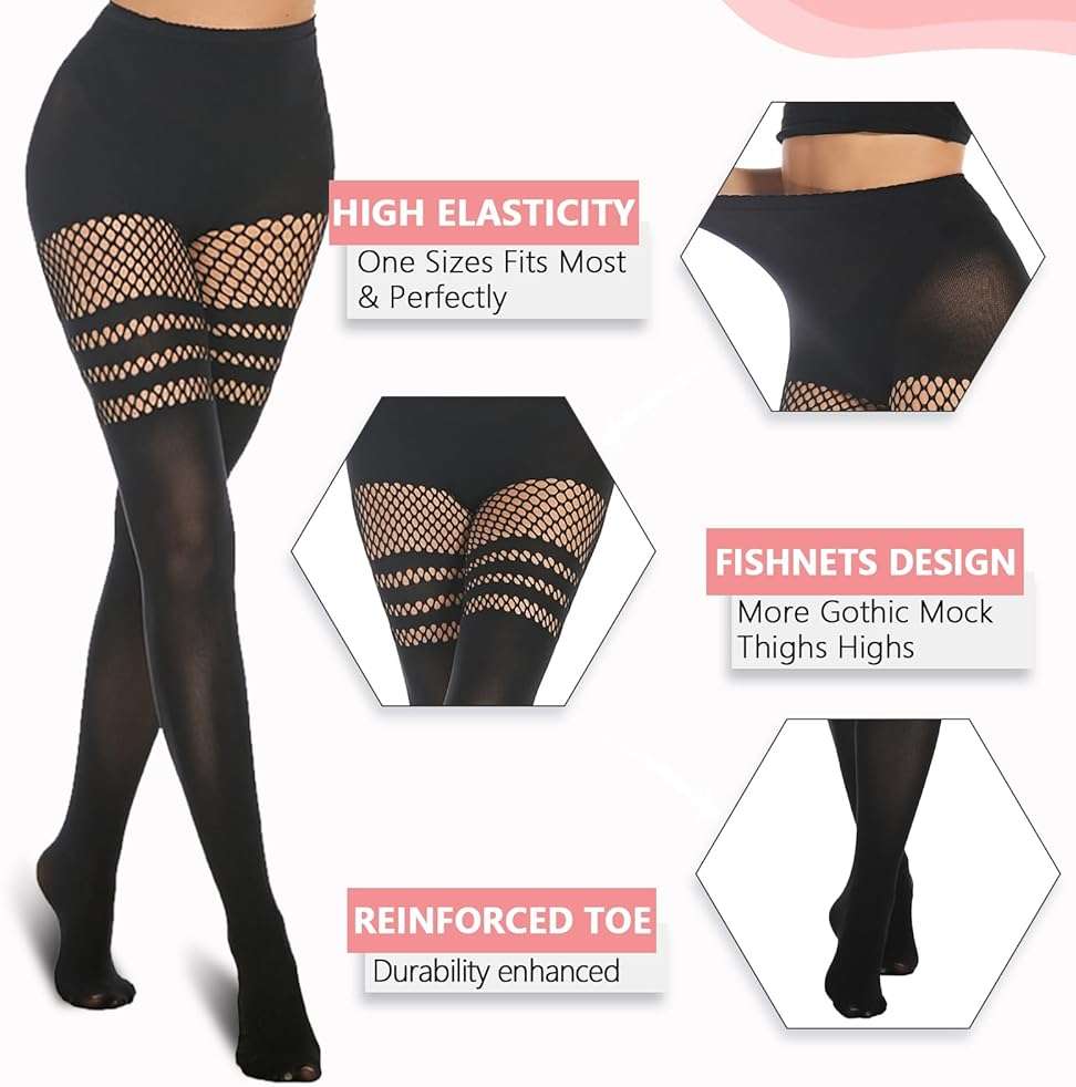MANZI Faux Thigh High Tights Mock Suspender Pantyhose Striped Goth Fishnets Pack of 2 - Image 3
