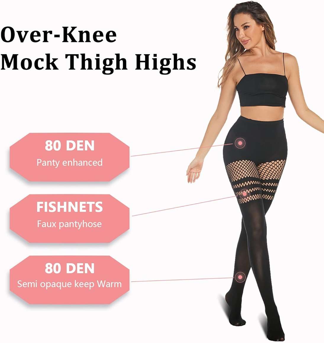 MANZI Faux Thigh High Tights Mock Suspender Pantyhose Striped Goth Fishnets Pack of 2 - Image 4