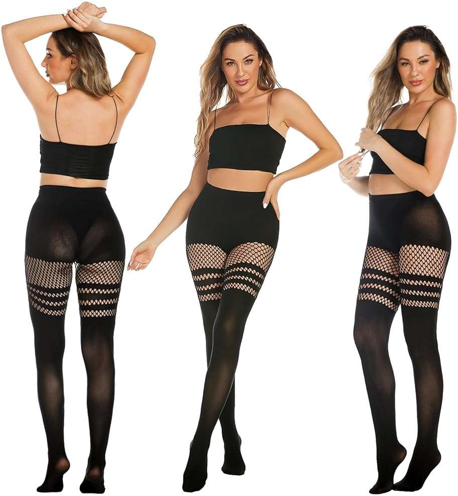 MANZI Faux Thigh High Tights Mock Suspender Pantyhose Striped Goth Fishnets Pack of 2 - Image 6