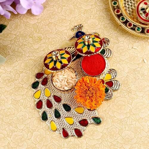 SATVIK 1 Pc Multi Designer Kankavati Thali Roli Chawal/Rice Holder with Lid, Kumkum Haldi Holder Rakhi Pooja Thali Indian Festival Diwali Pujan Mandir Tika Roli Plate Housewarming Gifts Items Pack - Product Image