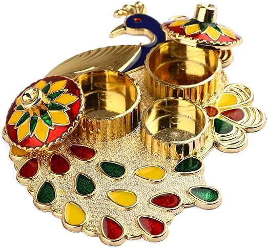 SATVIK 1 Pc Multi Designer Kankavati Thali Roli Chawal/Rice Holder with Lid, Kumkum Haldi Holder Rakhi Pooja Thali Indian Festival Diwali Pujan Mandir Tika Roli Plate Housewarming Gifts Items Pack - Image 4