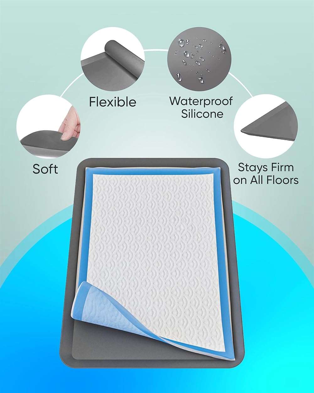 TidyFriend Puppy Pad Holder Tray Fits for 11.5” x 17” Wee Wee Pee Pads - Stable Grip, Raised Edges, Quick-Wipe Silicone Surface Dog Potty Tray Holder for Indoor Flooring Protection (Grey) - Image 5