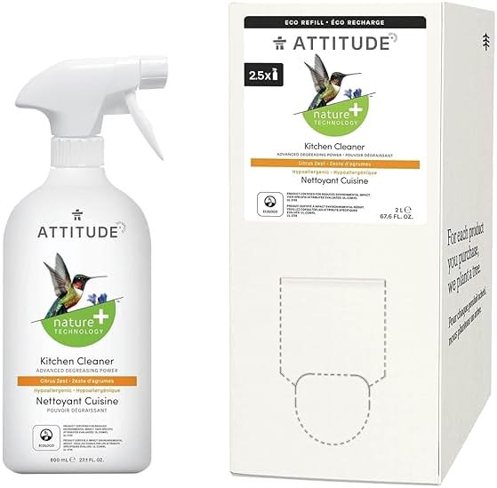 Bundle of ATTITUDE Kitchen All Purpose Cleaner, Multi-Surface Cleaner, Plant & Mineral-based Formula, Citrus Zest, 27.1 fl oz + Bulk Refill, 67.7 Fl Oz - Product Image