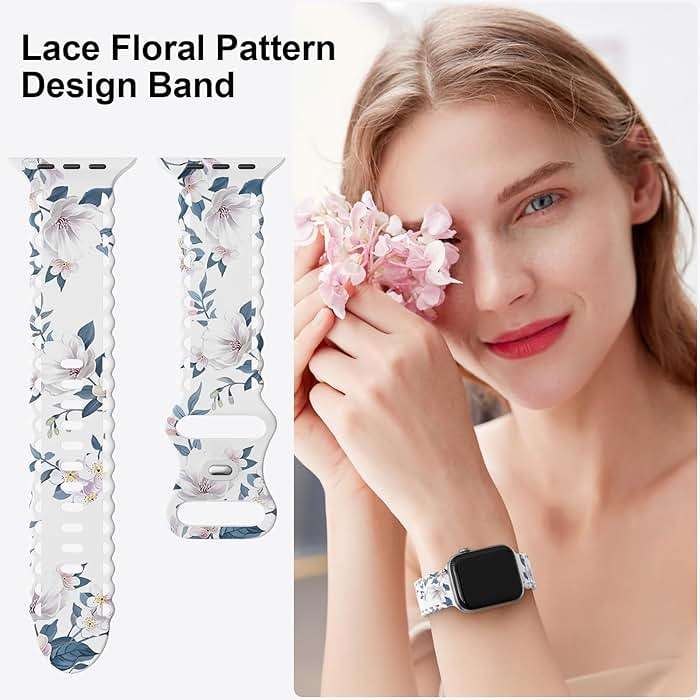 Flower Lace Band Compatible with Apple Watch Band 40mm 44mm 46mm 41mm 45mm 38mm 42mm 49mm Women, Soft Silicone Floral Print Sport Replacement Strap for iWatch Series Ultra 11 10 9 8 7 6 5 4 3 2 1 SE - Image 2