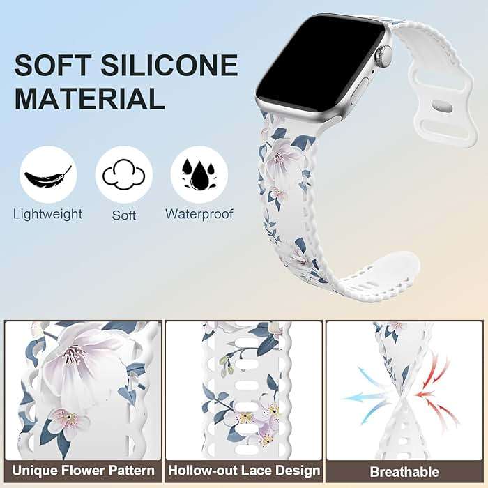Flower Lace Band Compatible with Apple Watch Band 40mm 44mm 46mm 41mm 45mm 38mm 42mm 49mm Women, Soft Silicone Floral Print Sport Replacement Strap for iWatch Series Ultra 11 10 9 8 7 6 5 4 3 2 1 SE - Image 3