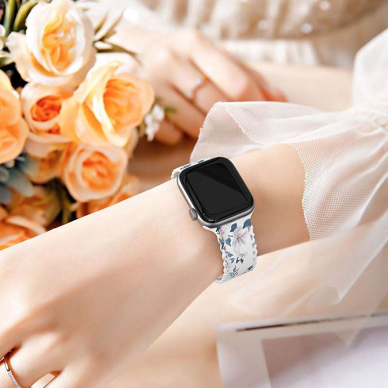 Flower Lace Band Compatible with Apple Watch Band 40mm 44mm 46mm 41mm 45mm 38mm 42mm 49mm Women, Soft Silicone Floral Print Sport Replacement Strap for iWatch Series Ultra 11 10 9 8 7 6 5 4 3 2 1 SE - Image 5
