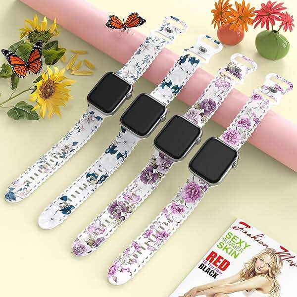 Flower Lace Band Compatible with Apple Watch Band 40mm 44mm 46mm 41mm 45mm 38mm 42mm 49mm Women, Soft Silicone Floral Print Sport Replacement Strap for iWatch Series Ultra 11 10 9 8 7 6 5 4 3 2 1 SE - Image 6
