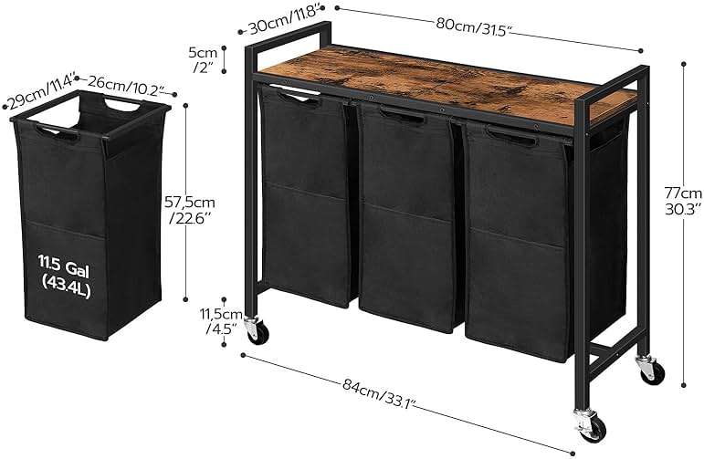 HOOBRO Laundry Sorter 3 Section, Laundry Hamper with Wheels, 3 × 11.5 Gal (43.5 L), Rolling Laundry Basket, Pull-Out and Removable Oxford Fabric Laundry Bags, Rustic Brown and Black BF76XY01 - Image 2