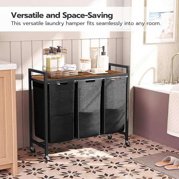 HOOBRO Laundry Sorter 3 Section, Laundry Hamper with Wheels, 3 × 11.5 Gal (43.5 L), Rolling Laundry Basket, Pull-Out and Removable Oxford Fabric Laundry Bags, Rustic Brown and Black BF76XY01 - Image 4