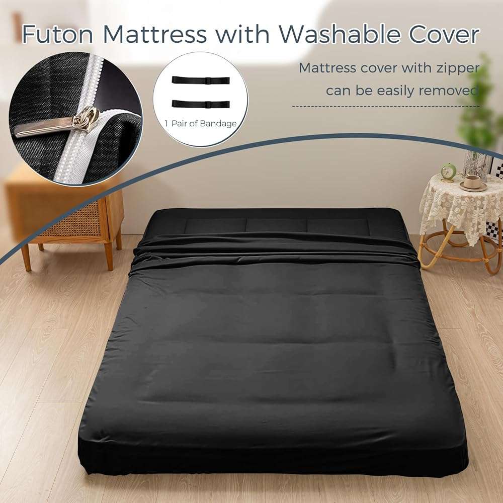 MAXYOYO 6" Extra Thick Floor Futon Mattress, Foldable Japanese Floor Mattress for Adults, Roll Up Tatami Pad for Guest Room, Black, Queen - Image 2