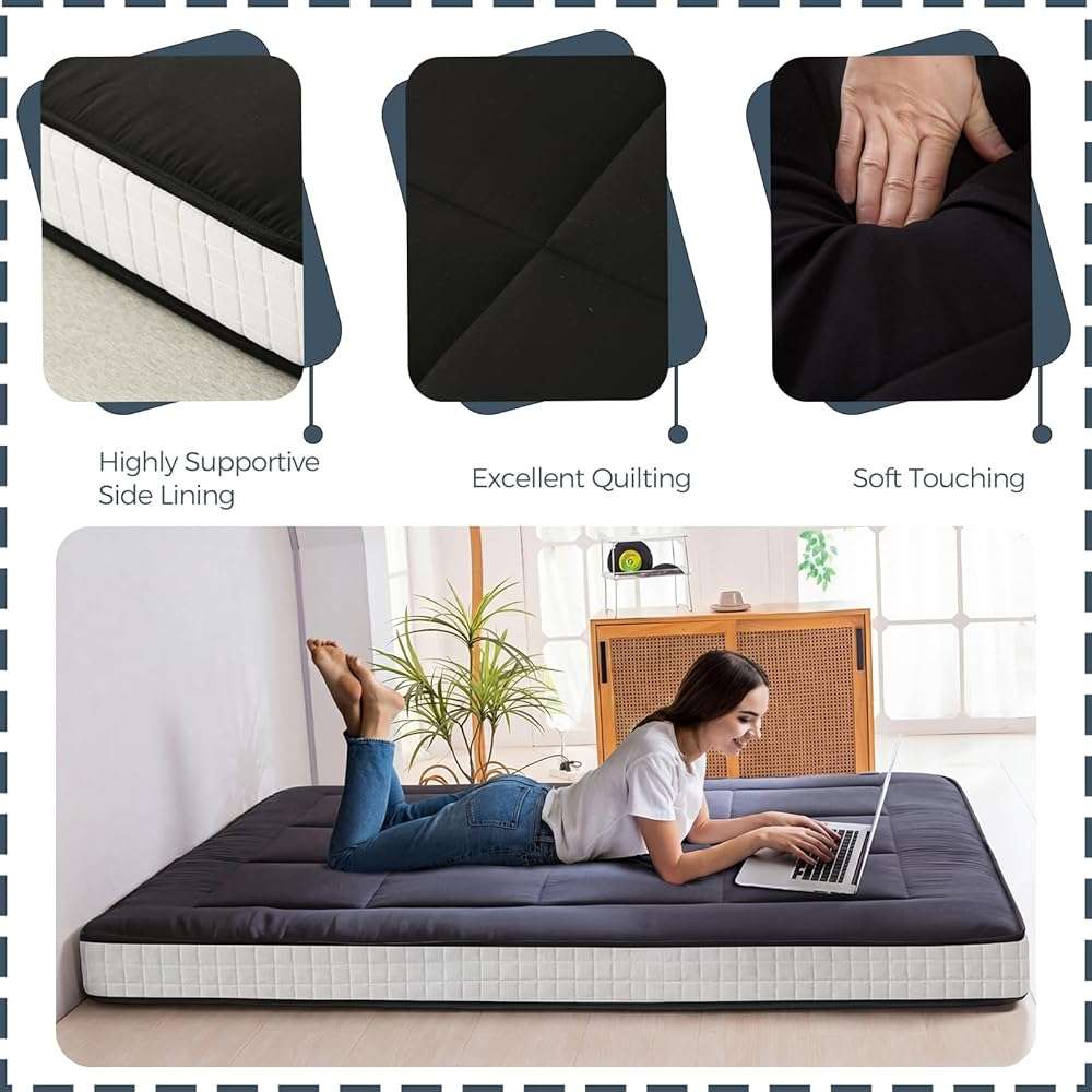 MAXYOYO 6" Extra Thick Floor Futon Mattress, Foldable Japanese Floor Mattress for Adults, Roll Up Tatami Pad for Guest Room, Black, Queen - Image 5