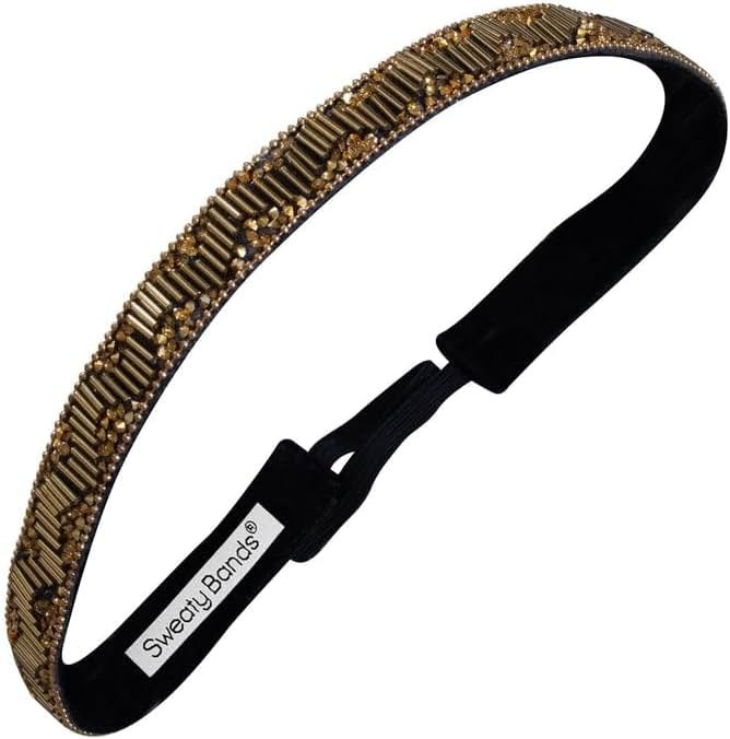Sweaty Bands Womens Girls Headband for Working Out - Non-Slip Grip Sweat-Wicking Velvet-Lined Beaded Jeweled Hairband - Bling Art Deco Gold 5/8-Inch - Product Image