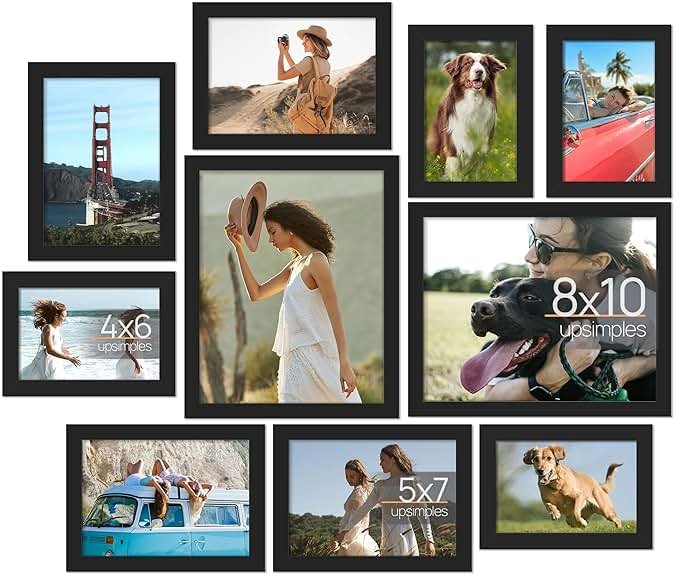 upsimples 10 Pack Picture Frames Collage Wall Decor for Mounting or Tabletop Display, Photo Gallery Frame Set for Family, Multi Sizes Including 8x10, 5x7, 4x6, Black - Product Image