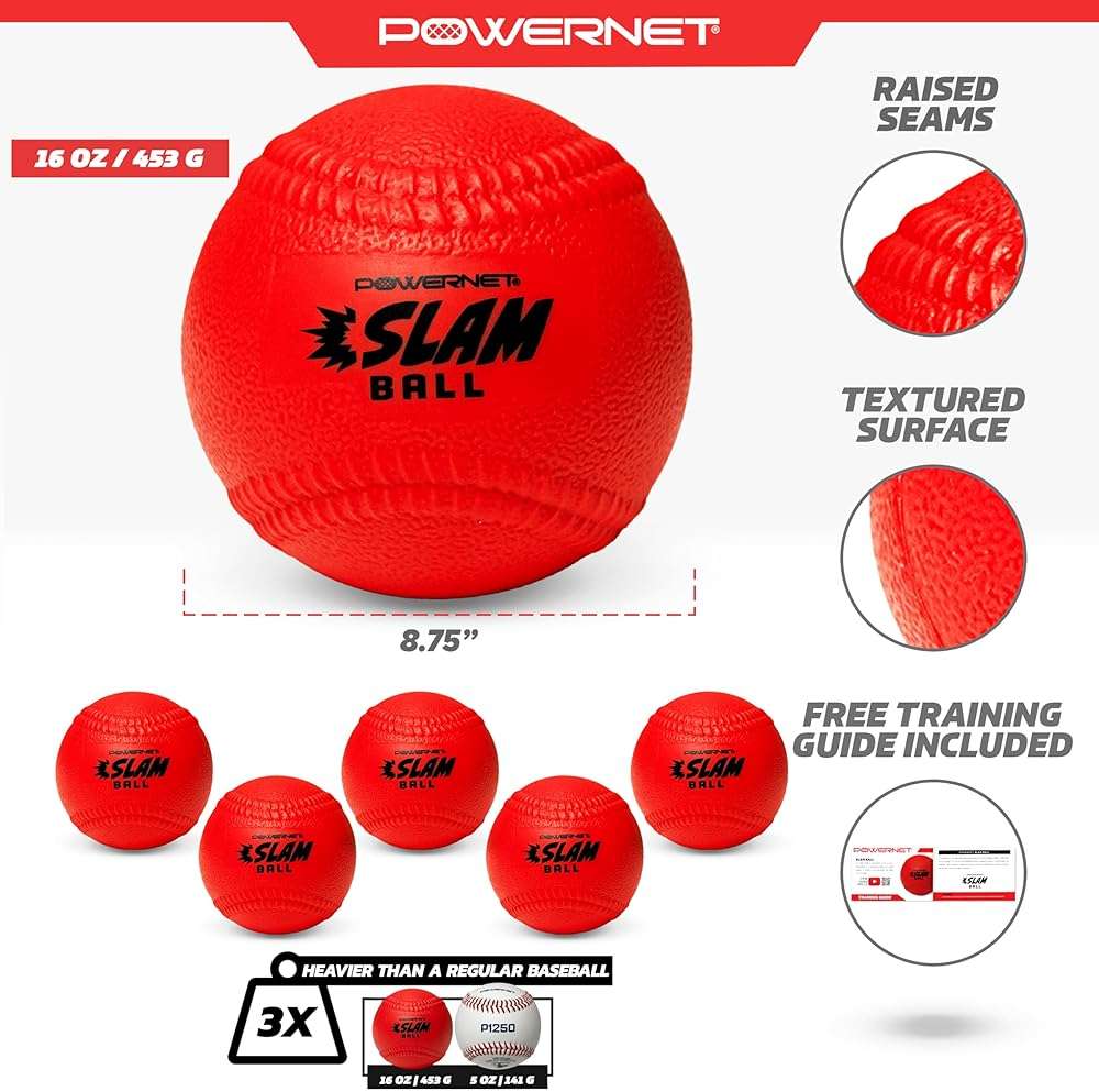 PowerNet Slam Ball 6-Pack, Baseball Size Weighted Ball with Textured Surface and Raised Seams, Training Equipment to Improve Hitting Power, 16 Oz Weighted Baseballs for Batting - Image 3