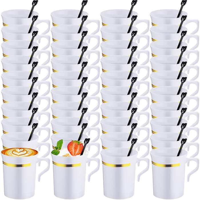 Bokon 100 Pcs Plastic Tea Cups Bulk with Handle and Spoon, 8 oz Reusable Teacups with Gold Rim, White Coffee Mugs for Bridal Shower, Wedding, Princess Tea Party Supplies (Gold Rim) - Image 1