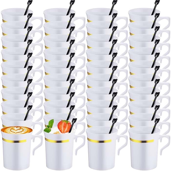 Bokon 100 Pcs Plastic Tea Cups Bulk with Handle and Spoon, 8 oz Reusable Teacups with Gold Rim, White Coffee Mugs for Bridal Shower, Wedding, Princess Tea Party Supplies (Gold Rim) - Product Image