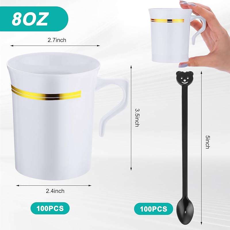 Bokon 100 Pcs Plastic Tea Cups Bulk with Handle and Spoon, 8 oz Reusable Teacups with Gold Rim, White Coffee Mugs for Bridal Shower, Wedding, Princess Tea Party Supplies (Gold Rim) - Image 3