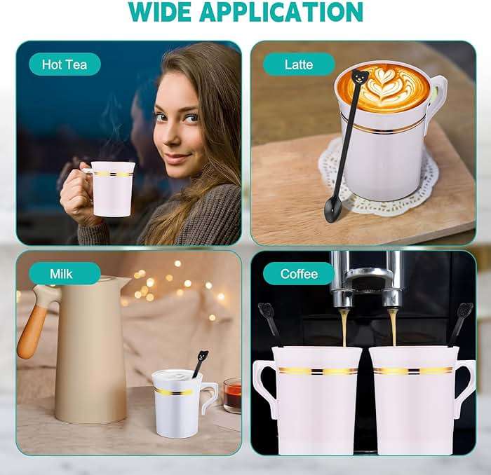 Bokon 100 Pcs Plastic Tea Cups Bulk with Handle and Spoon, 8 oz Reusable Teacups with Gold Rim, White Coffee Mugs for Bridal Shower, Wedding, Princess Tea Party Supplies (Gold Rim) - Image 6