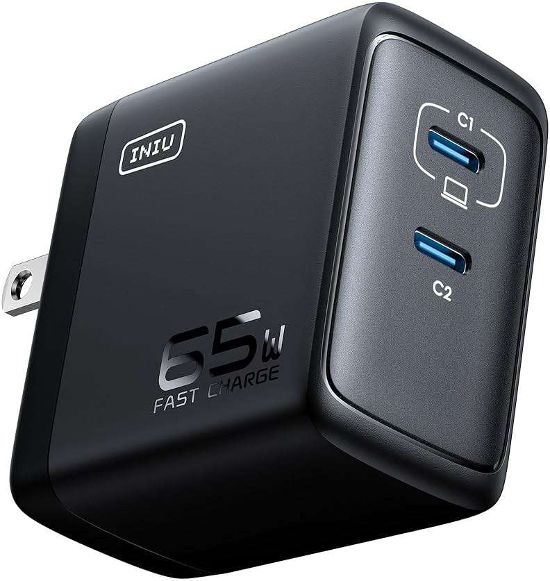 INIU 2 USB C Ports 65W GaN Charger - Compact Foldable PD PPS USB C Wall Charger for MacBook Pro/Air, Dell XPS 13, iPad Pro, Samsung Galaxy S23, Note 20/10+, iPhone 16/15/14, Steam Deck - Image 1