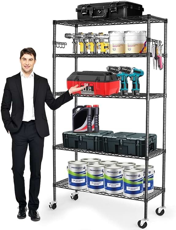 YNN Storage Shelves,1750Lbs 5 Tier Heavy Duty Metal Rolling Shelving Unit with Wheels & 8 Hooks, Adjustable Garage Wire Rack for Kitchen, Bathroom,Industrial,Pantry(36" W x 14" D x 72" H,Black) - Product Image