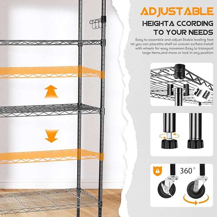 YNN Storage Shelves,1750Lbs 5 Tier Heavy Duty Metal Rolling Shelving Unit with Wheels & 8 Hooks, Adjustable Garage Wire Rack for Kitchen, Bathroom,Industrial,Pantry(36" W x 14" D x 72" H,Black) - Image 5