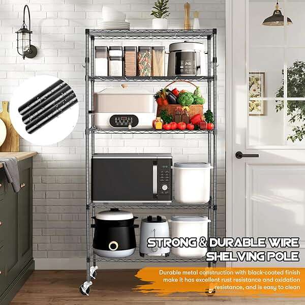 YNN Storage Shelves,1750Lbs 5 Tier Heavy Duty Metal Rolling Shelving Unit with Wheels & 8 Hooks, Adjustable Garage Wire Rack for Kitchen, Bathroom,Industrial,Pantry(36" W x 14" D x 72" H,Black) - Image 7