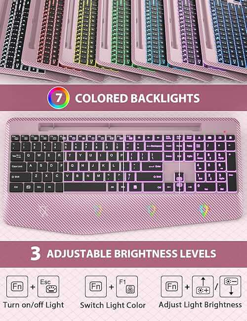 Wireless Keyboard and Mouse Backlits, Wrist Rest, LED Mouse, Rechargeable Ergonomic Keyboard with Phone Holder, Silent Light Up Combo for Computer, Mac, PC, Laptop, Chromebook (Rose Gold) - Image 2
