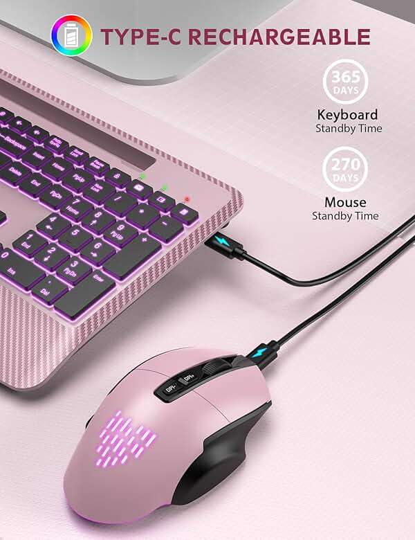 Wireless Keyboard and Mouse Backlits, Wrist Rest, LED Mouse, Rechargeable Ergonomic Keyboard with Phone Holder, Silent Light Up Combo for Computer, Mac, PC, Laptop, Chromebook (Rose Gold) - Image 5