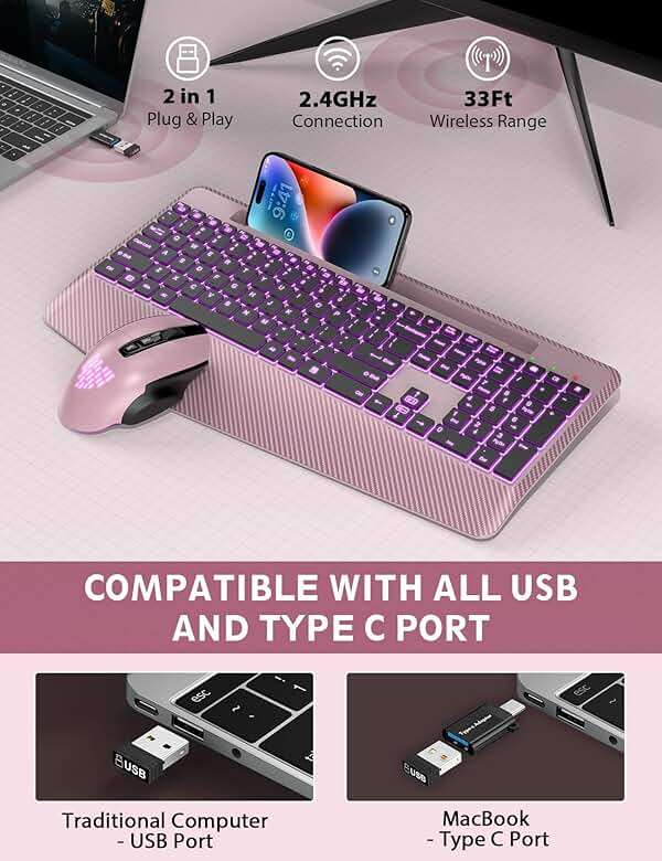 Wireless Keyboard and Mouse Backlits, Wrist Rest, LED Mouse, Rechargeable Ergonomic Keyboard with Phone Holder, Silent Light Up Combo for Computer, Mac, PC, Laptop, Chromebook (Rose Gold) - Image 6