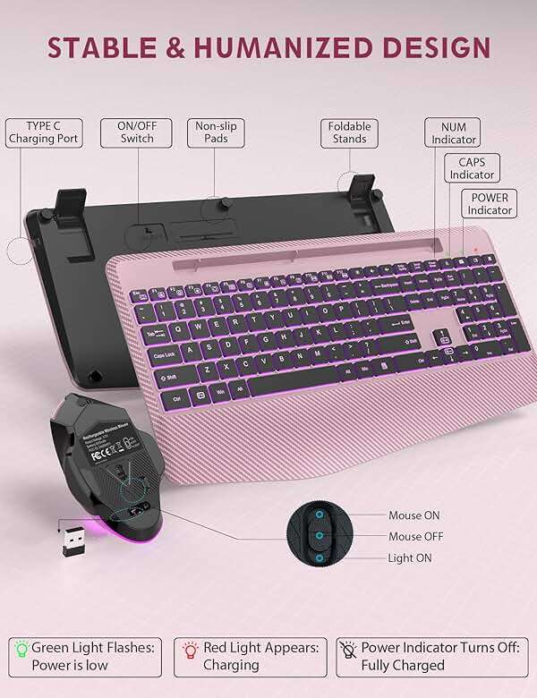 Wireless Keyboard and Mouse Backlits, Wrist Rest, LED Mouse, Rechargeable Ergonomic Keyboard with Phone Holder, Silent Light Up Combo for Computer, Mac, PC, Laptop, Chromebook (Rose Gold) - Image 8
