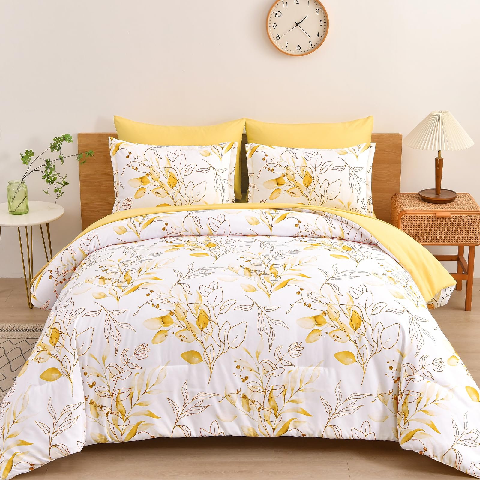 WONGS BEDDING Yellow Botanical Comforter Set Queen, 7 Pieces Floral Bed in a Bag Gloden Leaves Bedding Set Soft Microfiber Queen(1 Comforter,2 Pillowcase,2 Pillow Shams,1 Flat Sheet,1 Fitted Sheet) - Product Image