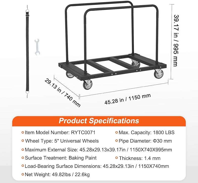 VEVOR Folding Table Cart, Heavy Duty Table Trolley with 5" Swivel Wheels, 1800 LBS Drywall Dolly Cart for Garage, Home, Warehouse, Party Event Hotel Furniture 10 Table Capacity - Image 3