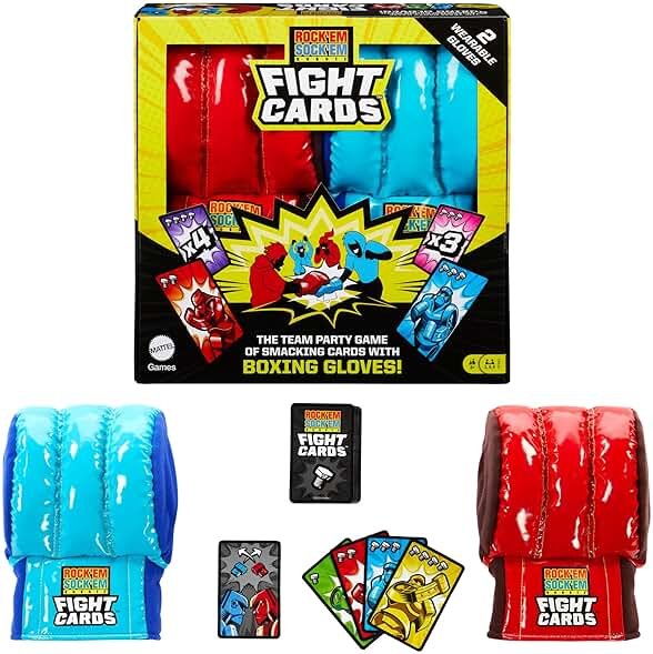 Mattel Games Rock ‘Em Sock ‘Em Robots Fight Cards Card Game, Team Party Game for Kids & Adults with 2 Boxing Gloves - Product Image